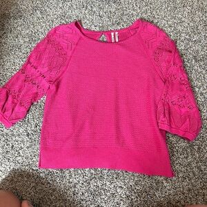 Anthropologie Hot Pink Crochet Sleeve Knit Sweater